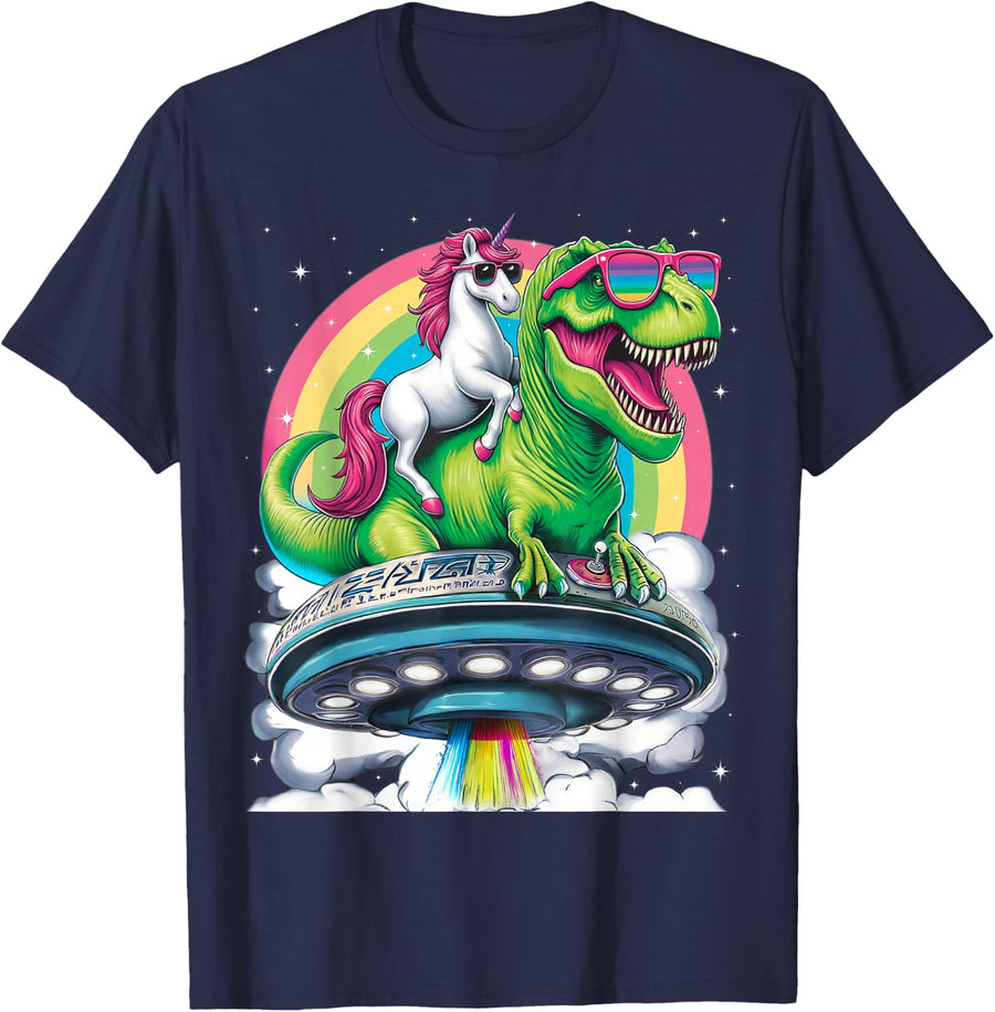 Unicorn Riding T Rex UFO Dinosaur Tees T Shirts Men Women Boys Girls Rainbow Galaxy - Navy Blue