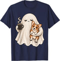 Cute Halloween Pyjama Tired Ghost Pembroke Welsh Corgi Puppy T-Shirt - Navy Blue