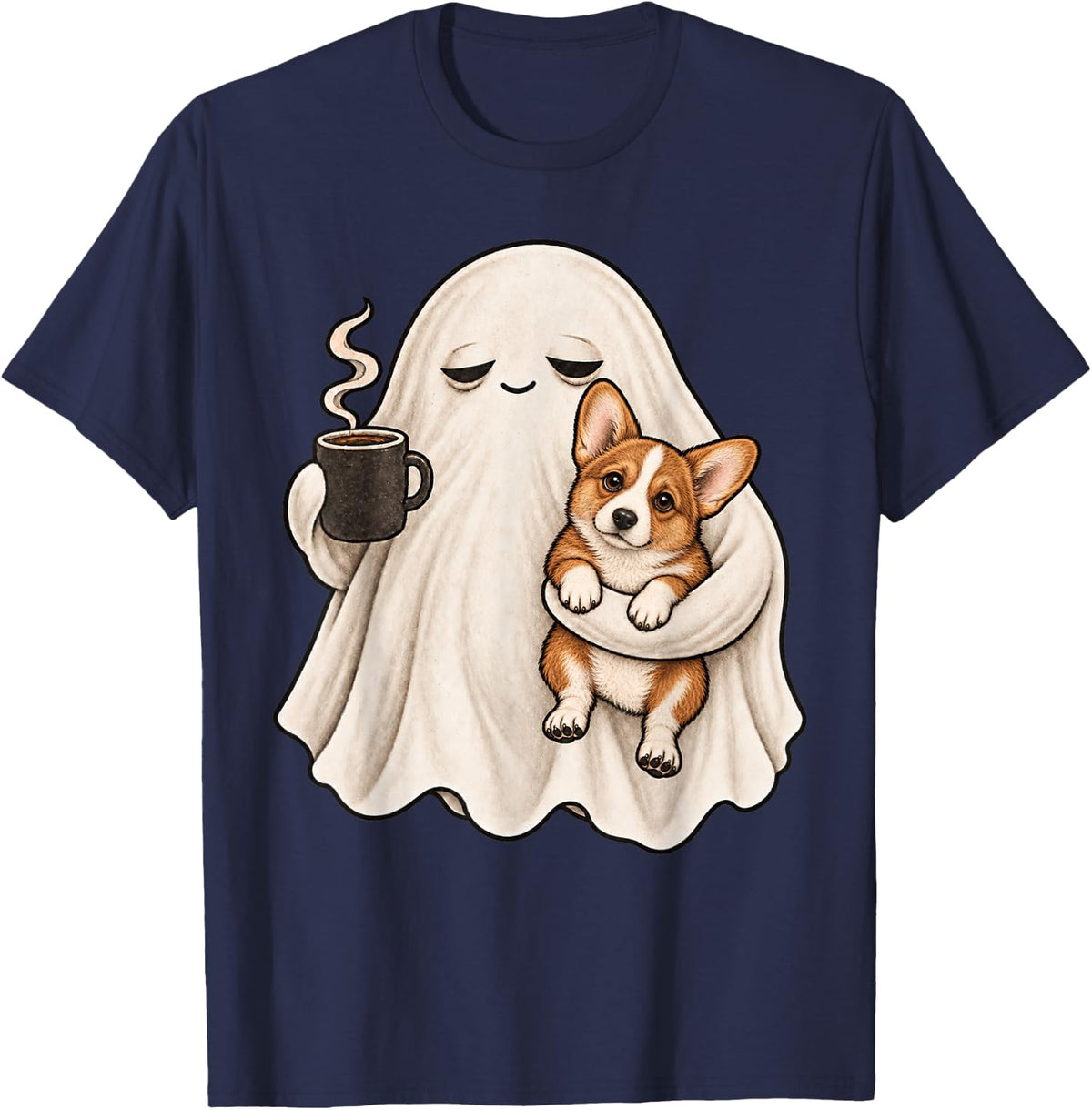 Cute Halloween Pyjama Tired Ghost Pembroke Welsh Corgi Puppy T-Shirt - Navy Blue