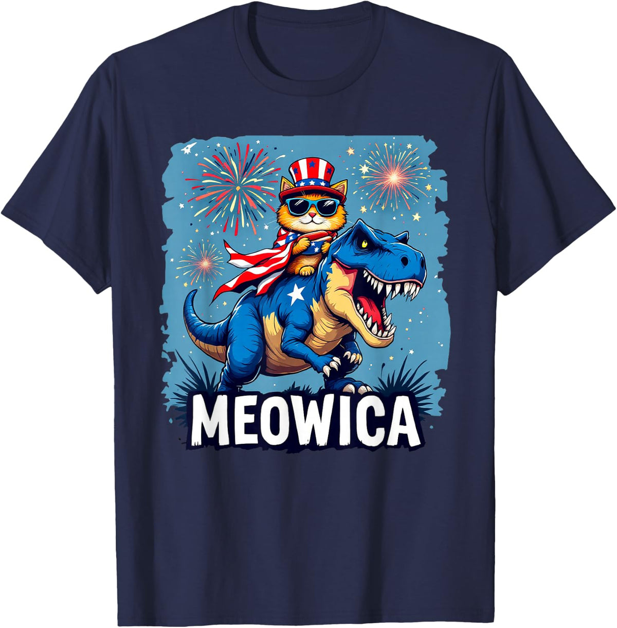 4th of July Meowica Cat Riding Dinosaur USA American Flag T-Shirt - Navy Blue
