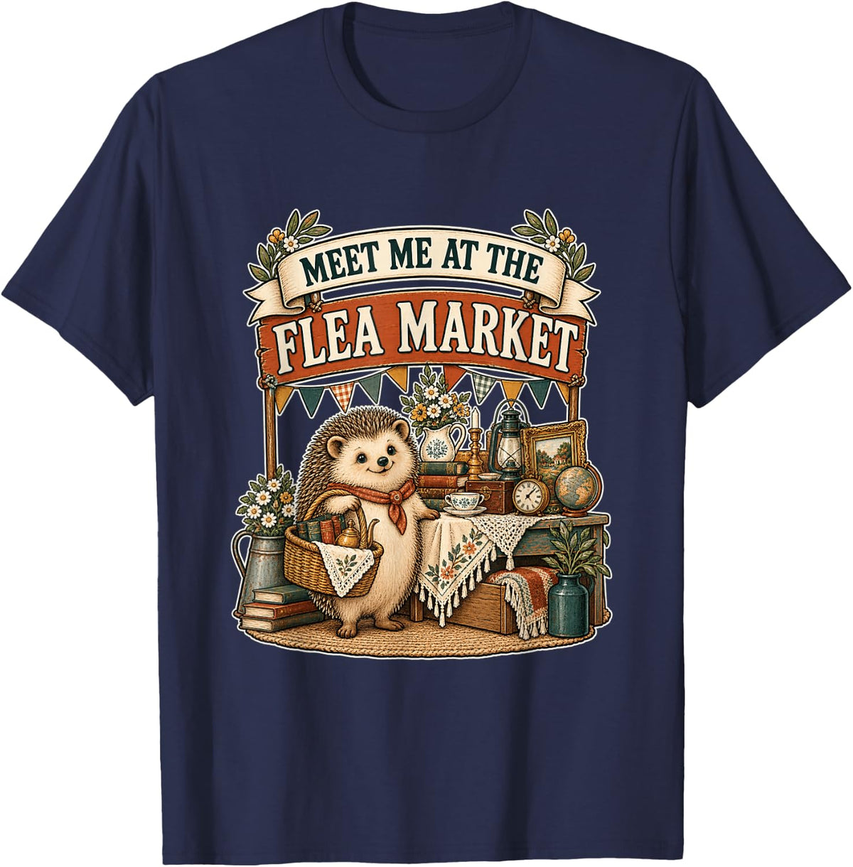 Meet Me At The Flea Market Hedgehog Thrifting Market Lover T-Shirt - Navy Blue