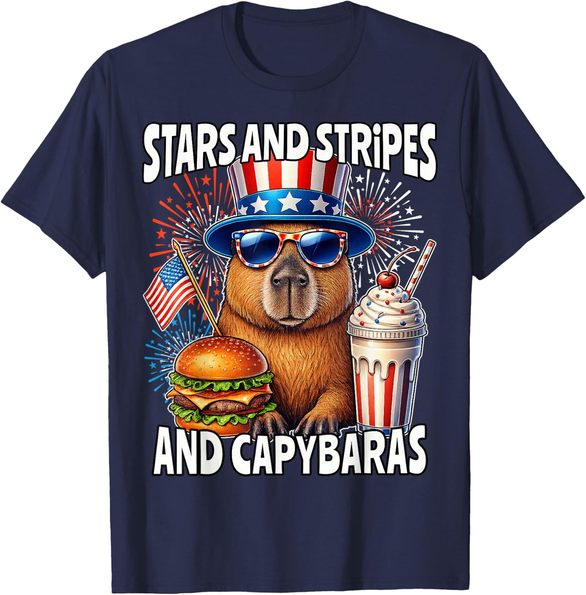 Capybara 4th of July American Capybara 250 T-Shirt Tee for Kids Boys Girls - Navy Blue