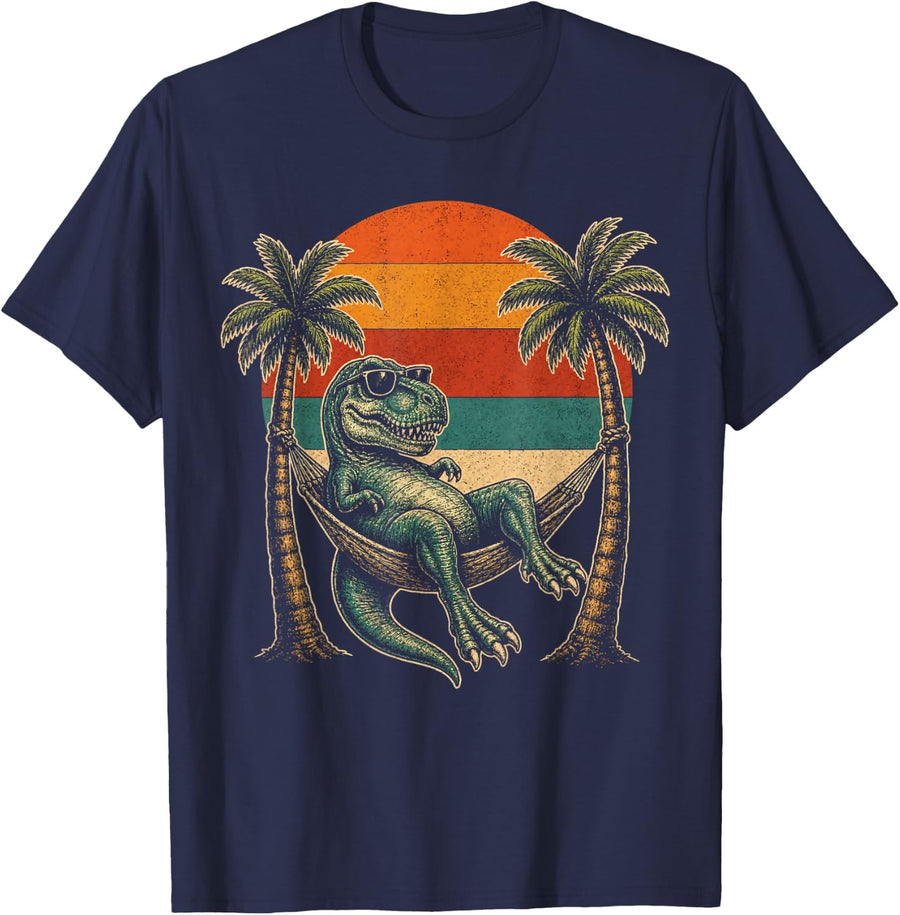 Retro Dinosaur T Rex Hammock Beach Palm Trees Sunset T-Shirt - Navy Blue