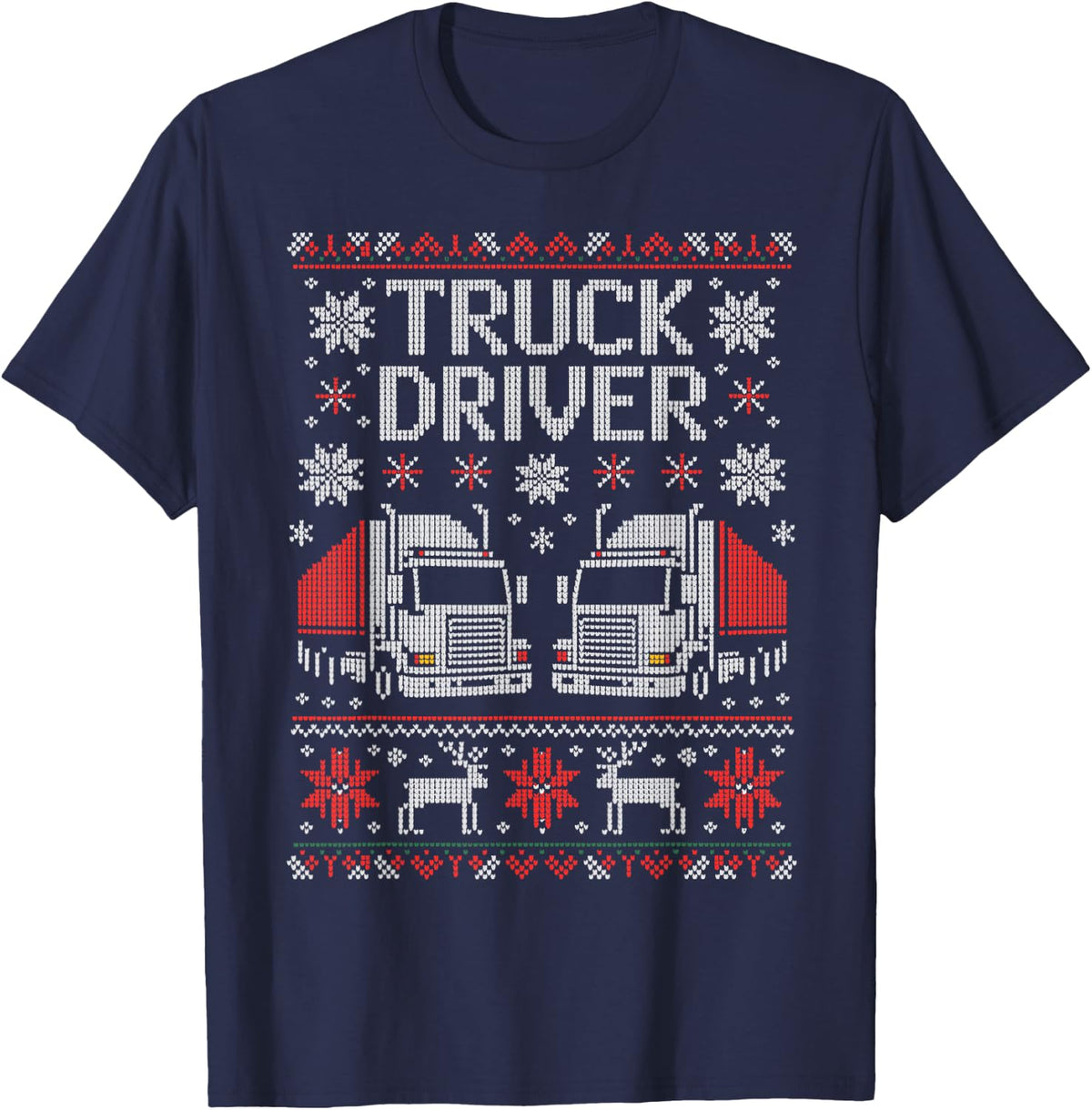 Funny Ugly Christmas Sweater Truck Driver Christmas T-Shirt - Navy Blue