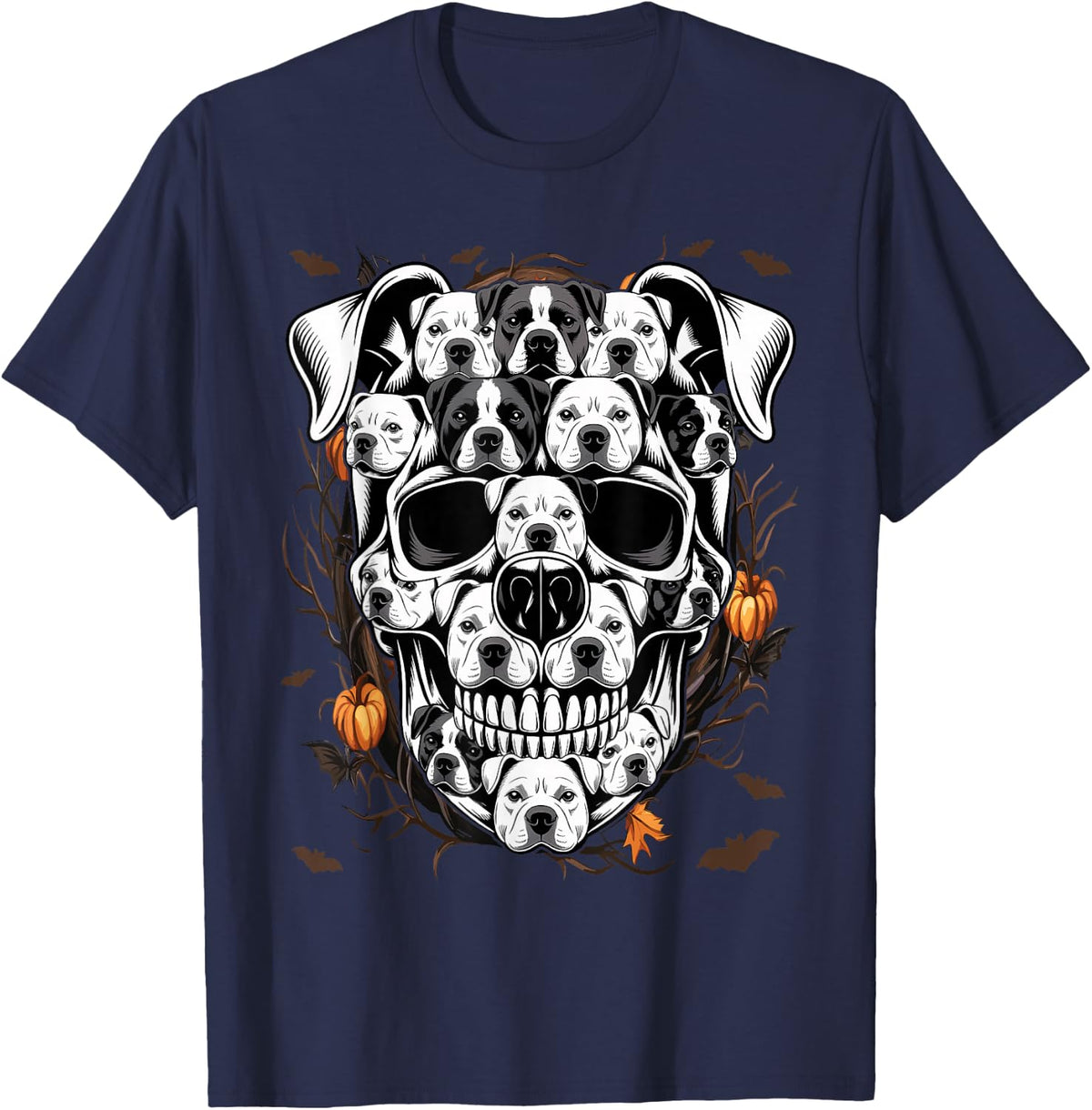 Funny Pitbull Skull Dog Skeleton Halloween T-Shirt - Navy Blue