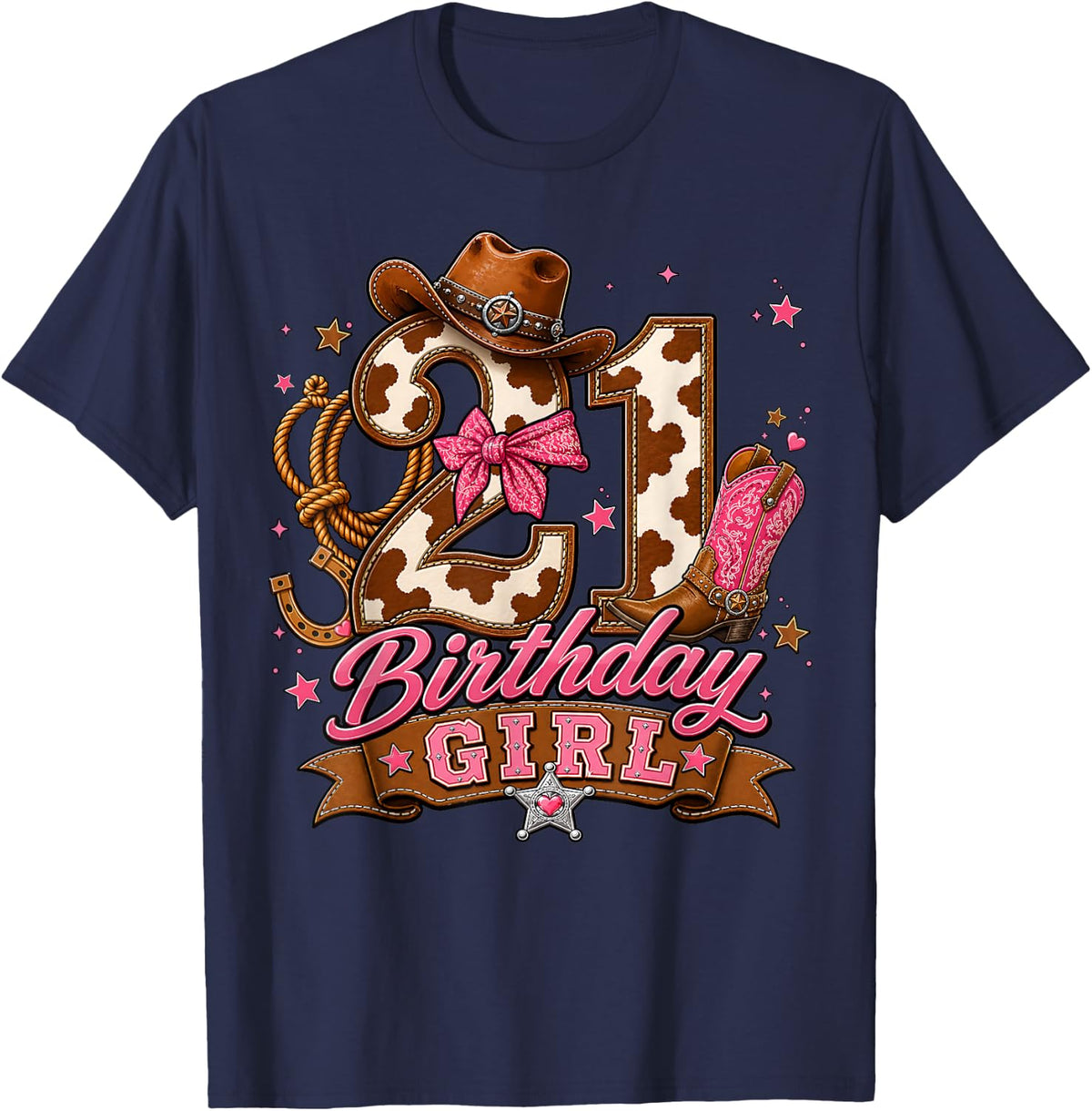 21st Birthday Girl Pink 21 Years Old Cowgirl Western Rodeo T-Shirt - Navy Blue