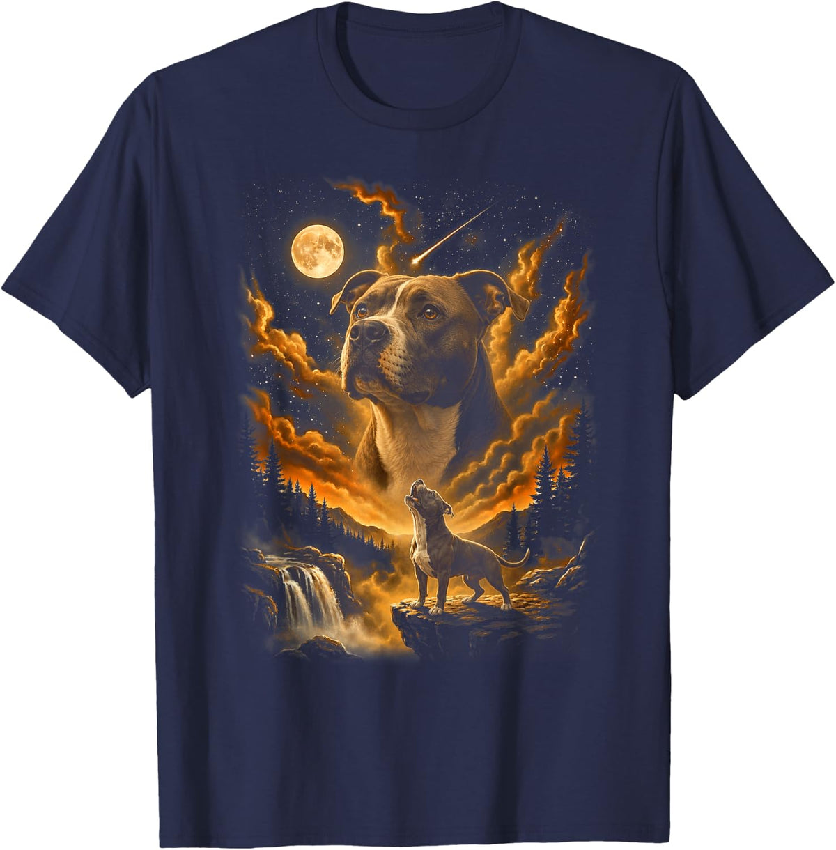 Pitbull Dog Howling to The Moon 90s Retro Animal Graphic T-Shirt - Navy Blue