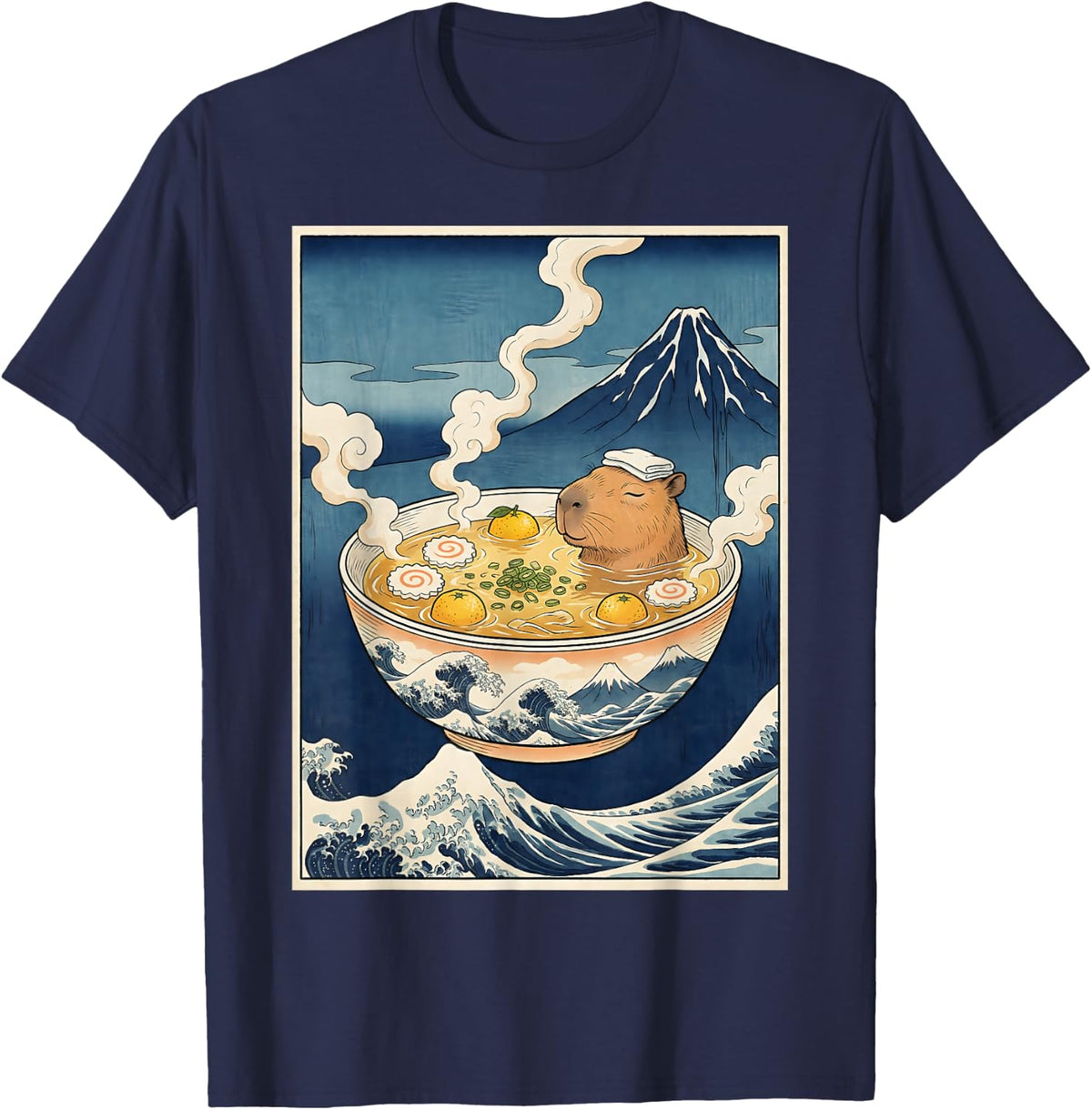 Cute Capybara Ramen Mt Fuji Ukiyo-e Great Wave Japanese Art T-Shirt - Navy Blue