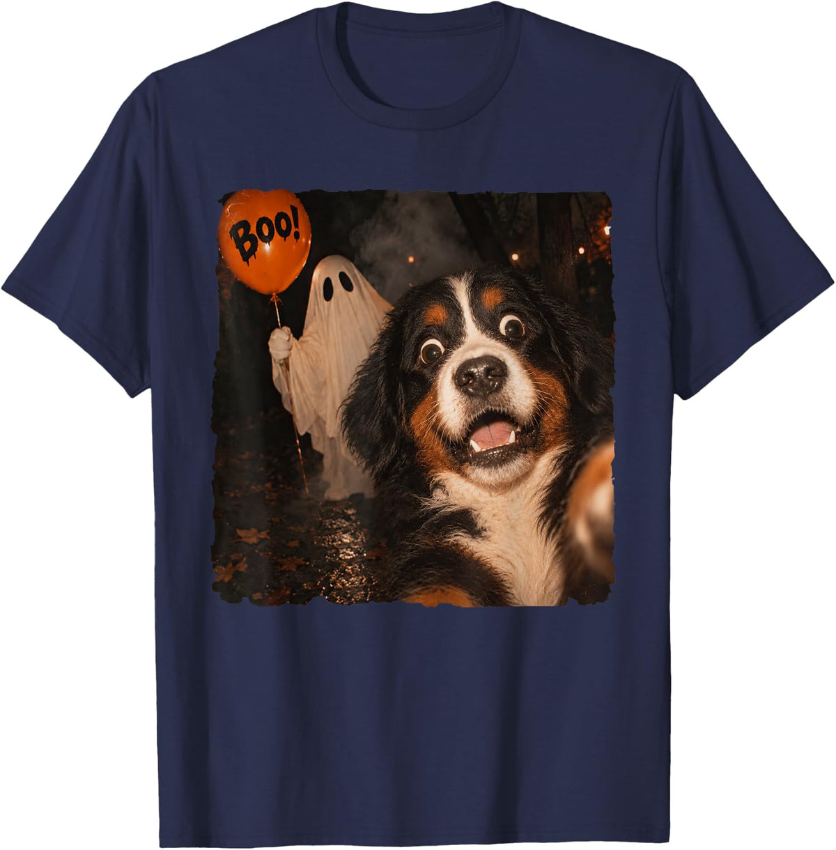 Ghost Bernese Mountain Dog Lover Selfie Balloon Halloween T-Shirt - Navy Blue