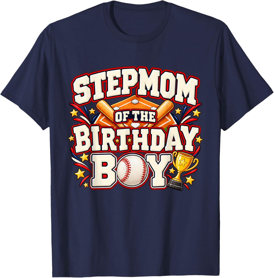 Stepmom of The Birthday Boy Baseball Player Matching T-Shirt - Navy Blue