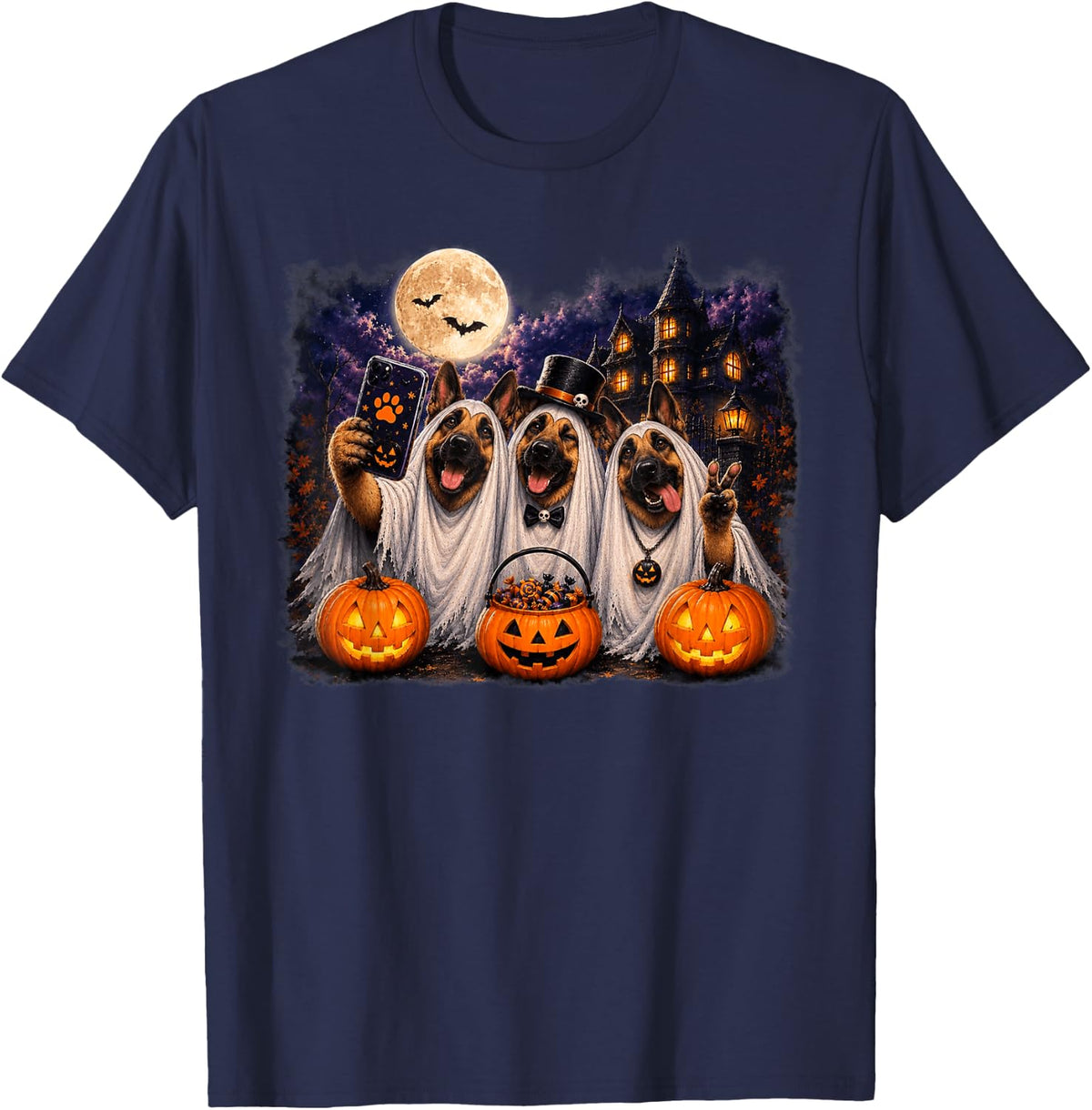 German Shepherd Dog Ghost Selfie Funny Halloween Costume T-Shirt - Navy Blue