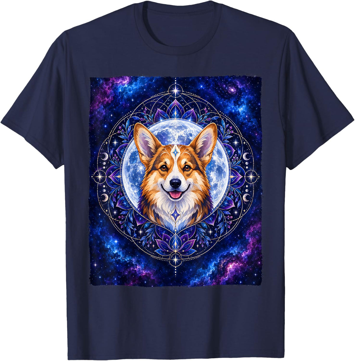 Corgi Pembroke Welsh Moon Galaxy Mandala Celestial Mystic T-Shirt - Navy Blue