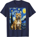 Pitbull Dog Starry Night Art Painting Style T-Shirt - Navy Blue