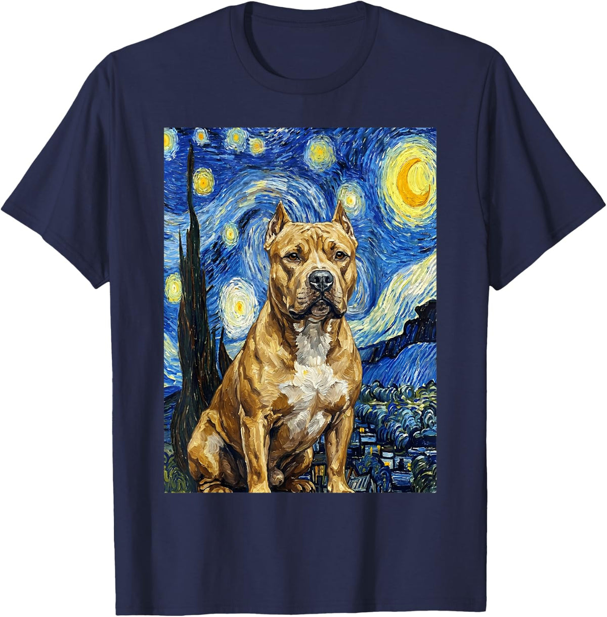 Pitbull Dog Starry Night Art Painting Style T-Shirt - Navy Blue