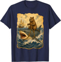 Capybara Riding Shark Vintage Anime Graphic Tees Japanese T-Shirt - Navy Blue