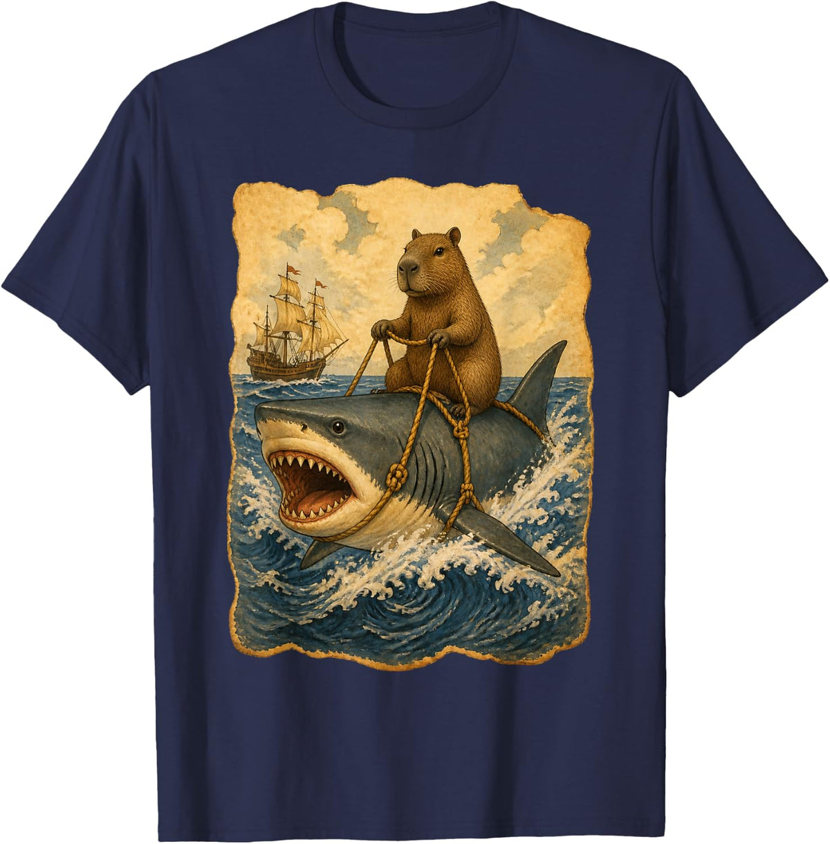 Capybara Riding Shark Vintage Anime Graphic Tees Japanese T-Shirt - Navy Blue