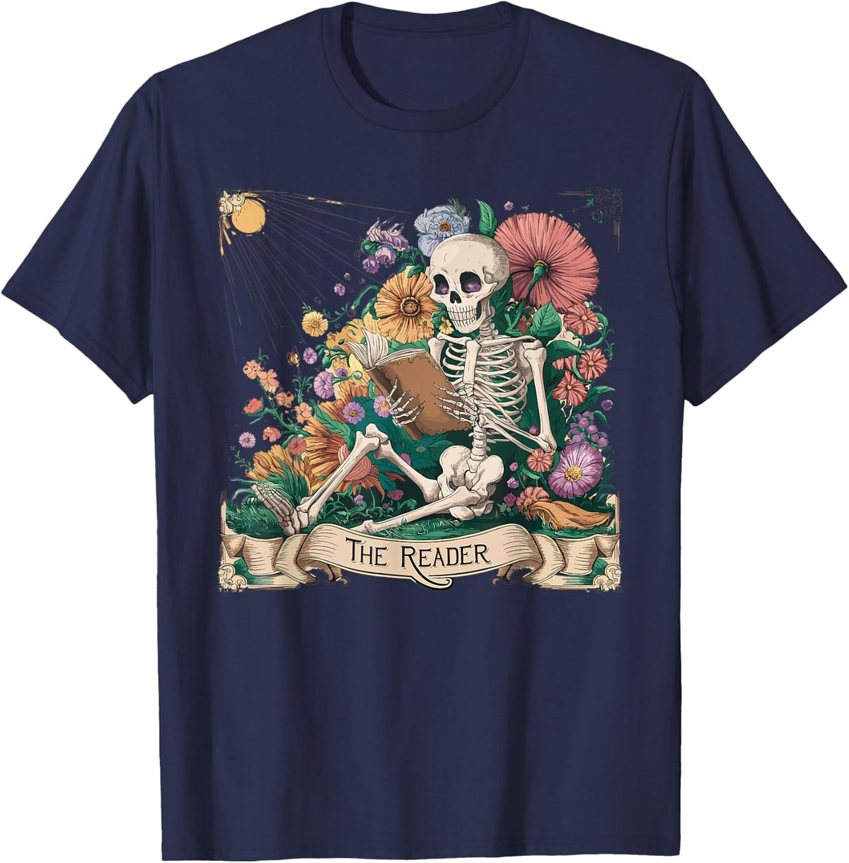 The Reader Tarot Card Funny Book Lover Skeleton Reading Book T-Shirt - Navy Blue