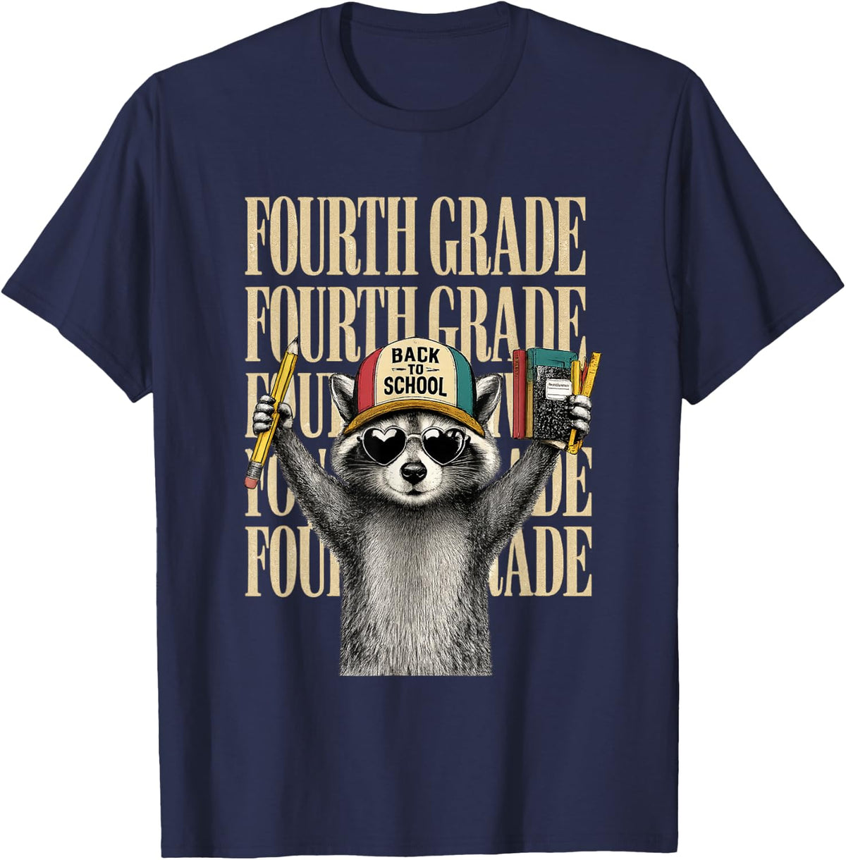 Fourth Grade Raccoon Back to School Cute Student T-Shirt - Navy Blue