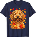 Fall Goldendoodle and Pine Cones Cute Dog with Maple Leaves T-Shirt - Navy Blue