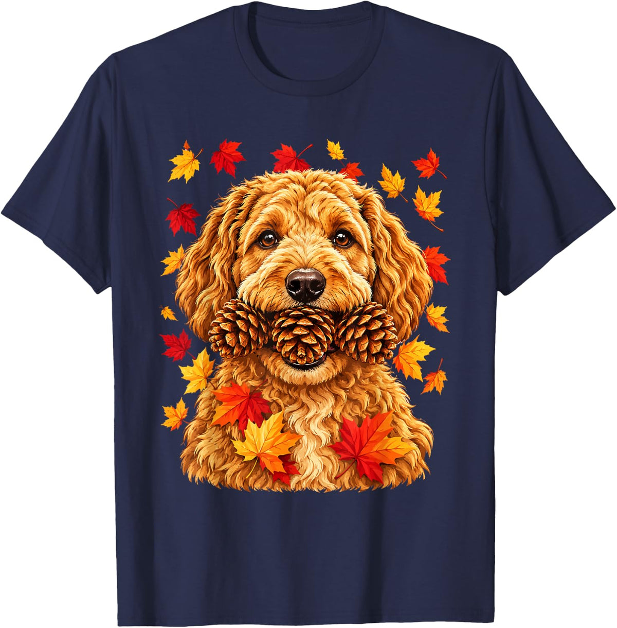 Fall Goldendoodle and Pine Cones Cute Dog with Maple Leaves T-Shirt - Navy Blue