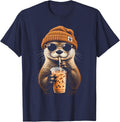 Otter Hipster Wearing Beanie Drinking Iced Coffee Sea Otter T-Shirt - Navy Blue