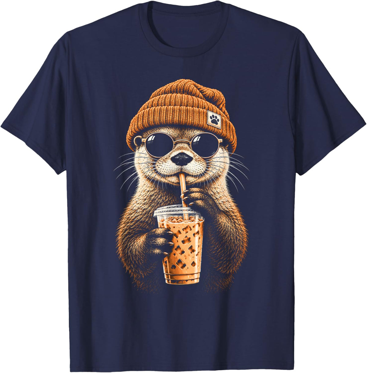 Otter Hipster Wearing Beanie Drinking Iced Coffee Sea Otter T-Shirt - Navy Blue