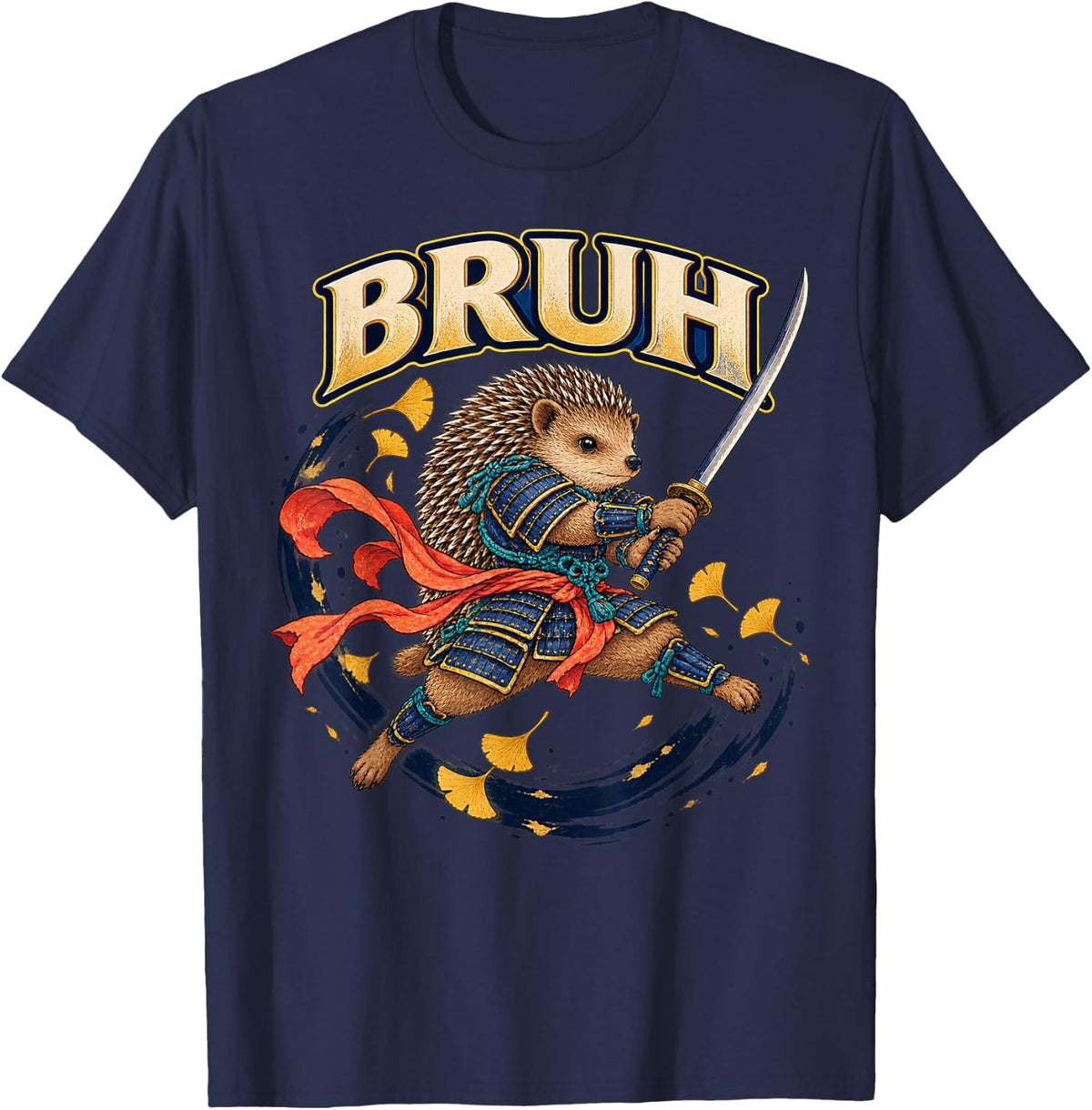 Hedgehog Samurai Duelist Japanese Sword Action Art T-Shirt - Navy Blue