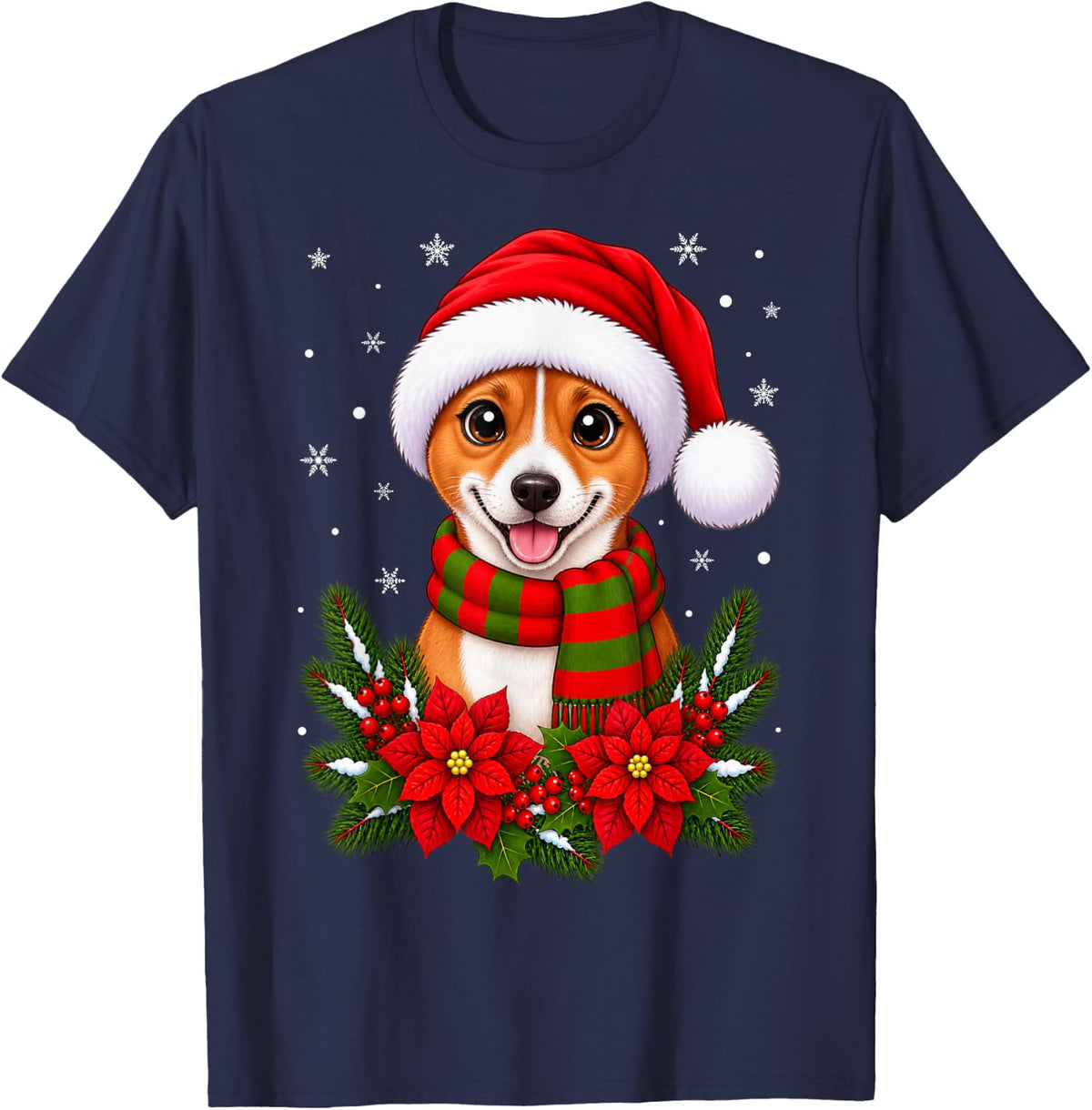 Cute Festive Flowers Santa Hat Basenji Dog Christmas T-Shirt - Navy Blue