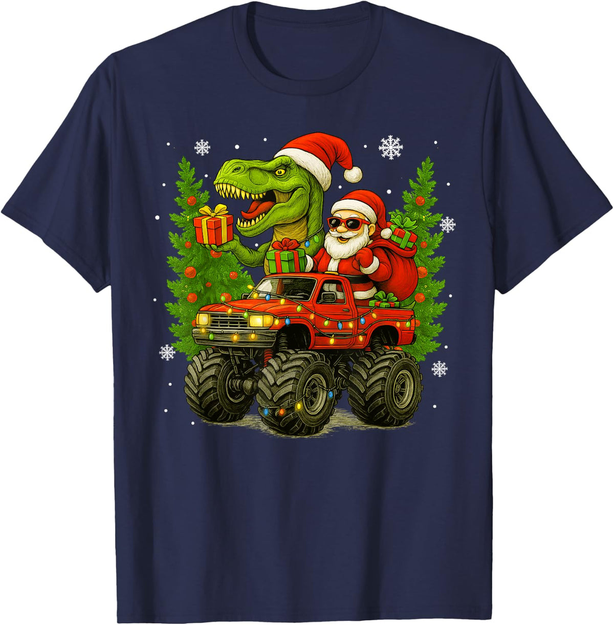 Christmas Santa Monster Truck Dinosaur Lover Men Boy Kid T-Shirt - Navy Blue