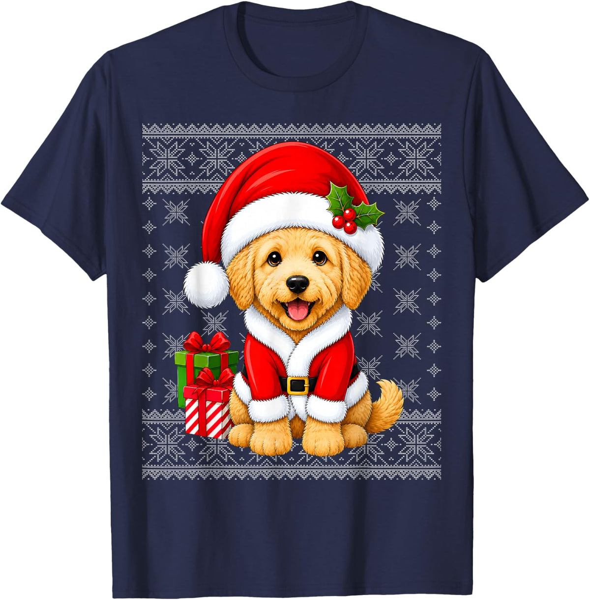 Goldendoodle Dog Christmas Santa Costume Ugly Sweaters Xmas T-Shirt - Navy Blue