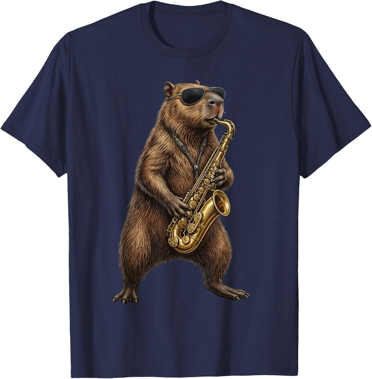 Cool Capybara Playing Saxophone Funny Jazz Music T-Shirt - Navy Blue