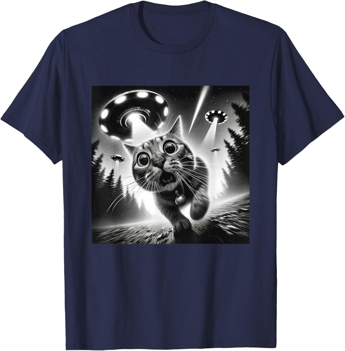 Funny Cat UFO Alien Cat Graphic Men Women T-Shirt, Small - Navy Blue