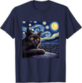 Starry Night Cat Design - Van Gogh Inspired Graphic T-Shirt - Navy Blue