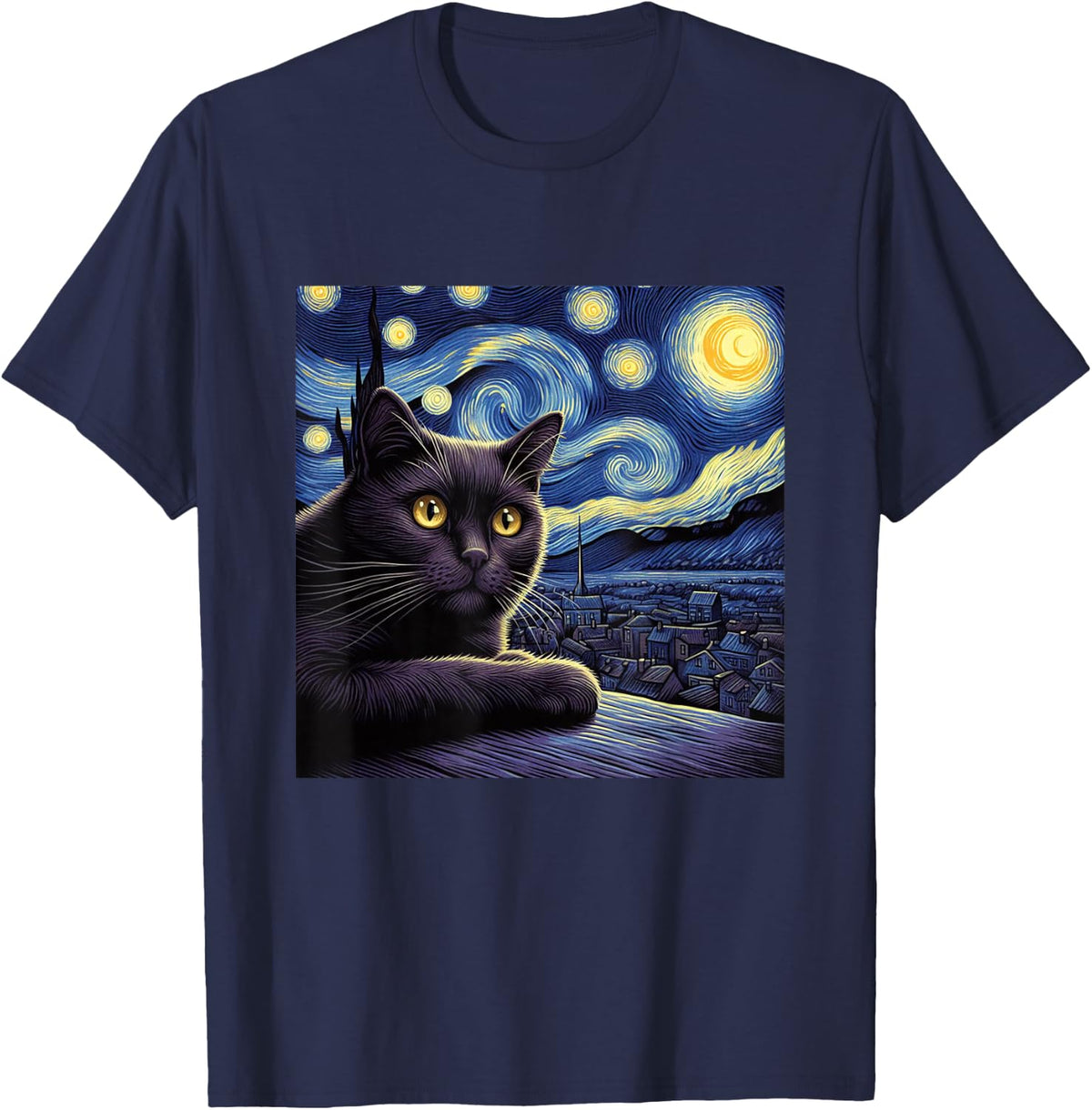 Starry Night Cat Design - Van Gogh Inspired Graphic T-Shirt - Navy Blue