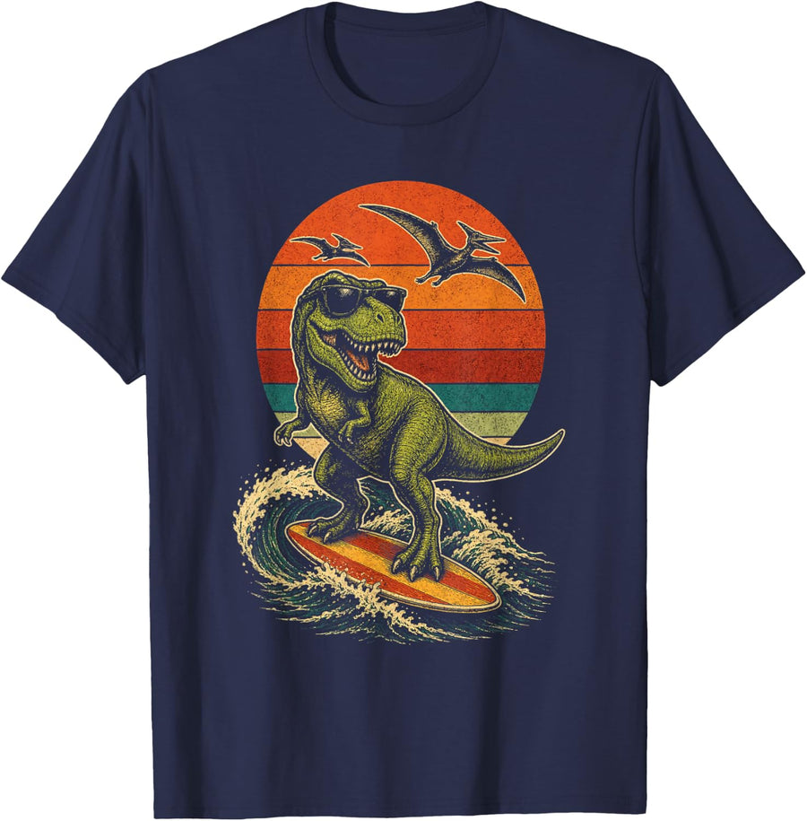 Retro Dinosaur Surfing T Rex Surfboard Pterodactyl Sunset T-Shirt - Navy Blue