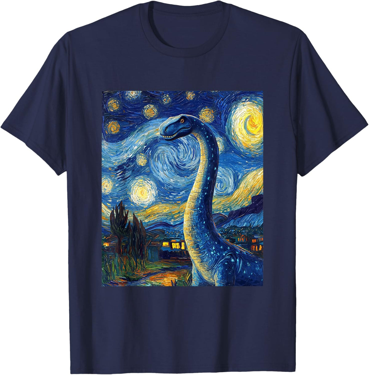 Brachiosaurus Dinosaur Dino Van Gogh Style Starry Night T-Shirt - Navy Blue