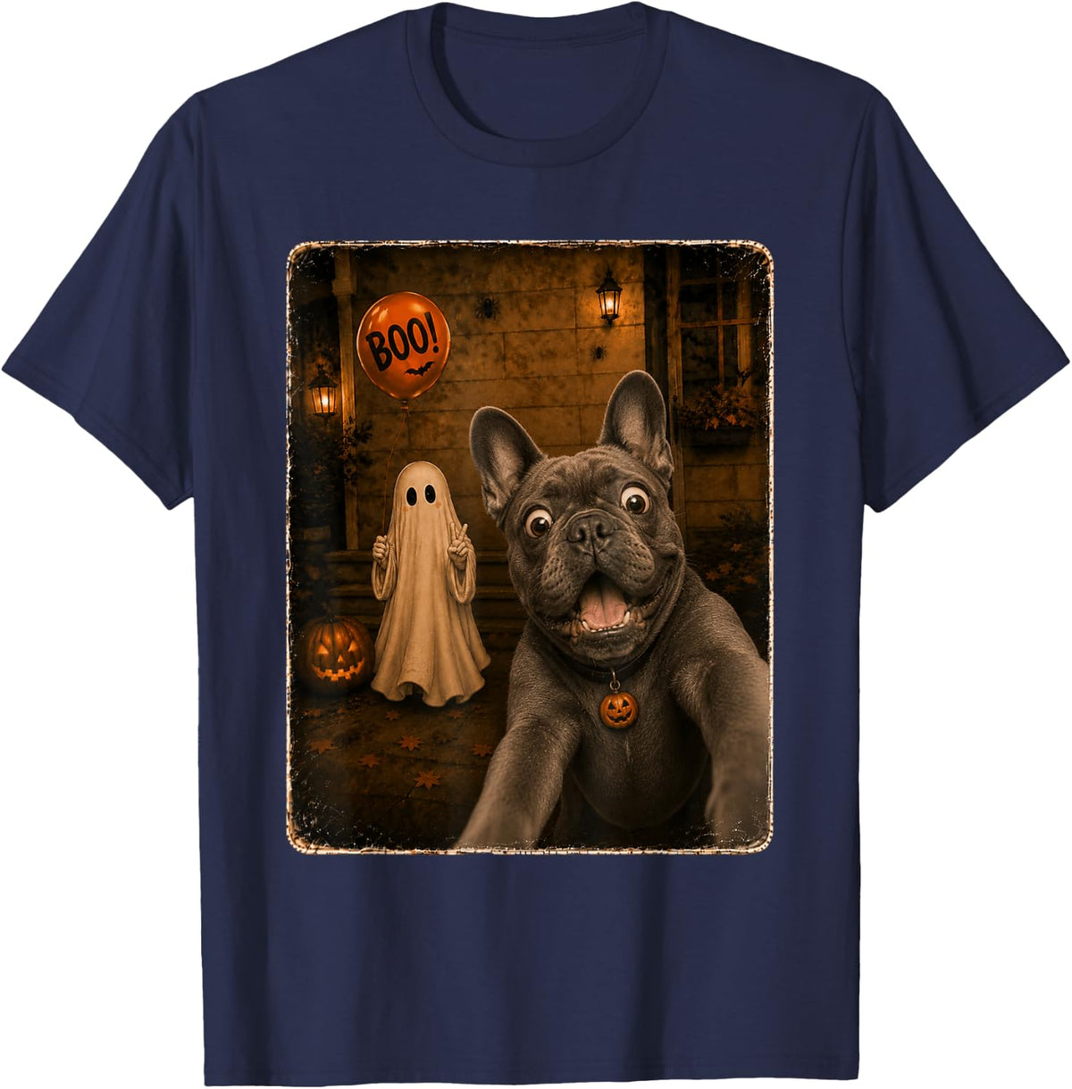 French Bulldog Dog Ghost Selfie Boo Halloween Costume T-Shirt - Navy Blue