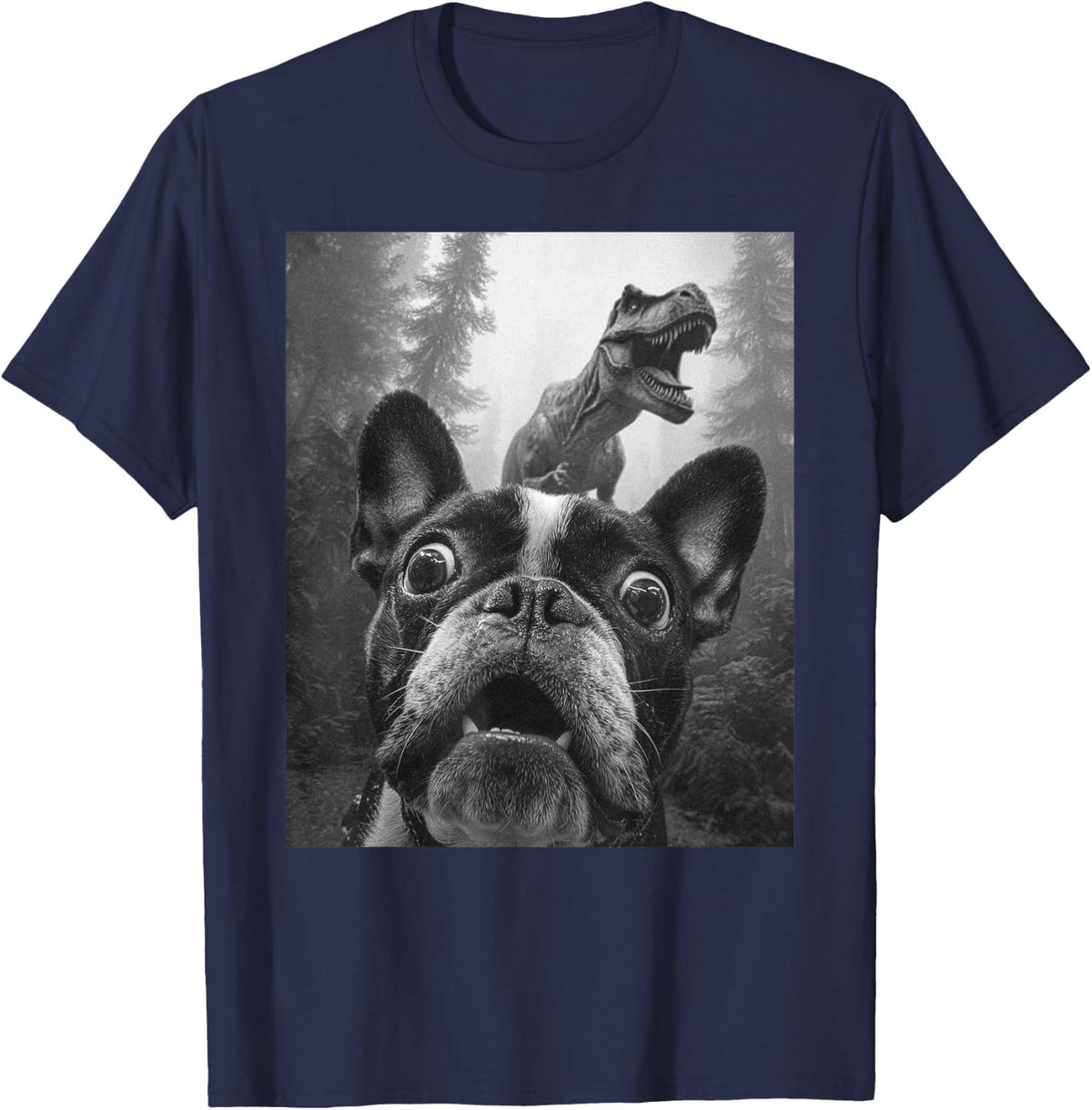 Funny Scared French Bulldog Selfie with T-Rex Dinosaur Dino T-Shirt - Navy Blue