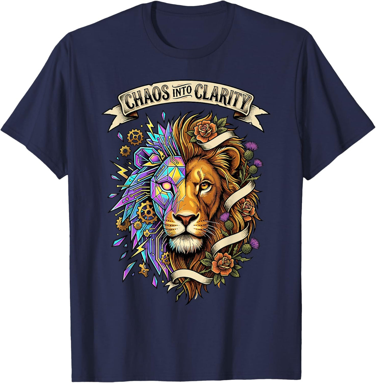 Chaos Into Clarity Fierce Roaring Lion ADHD Awareness T-Shirt - Navy Blue