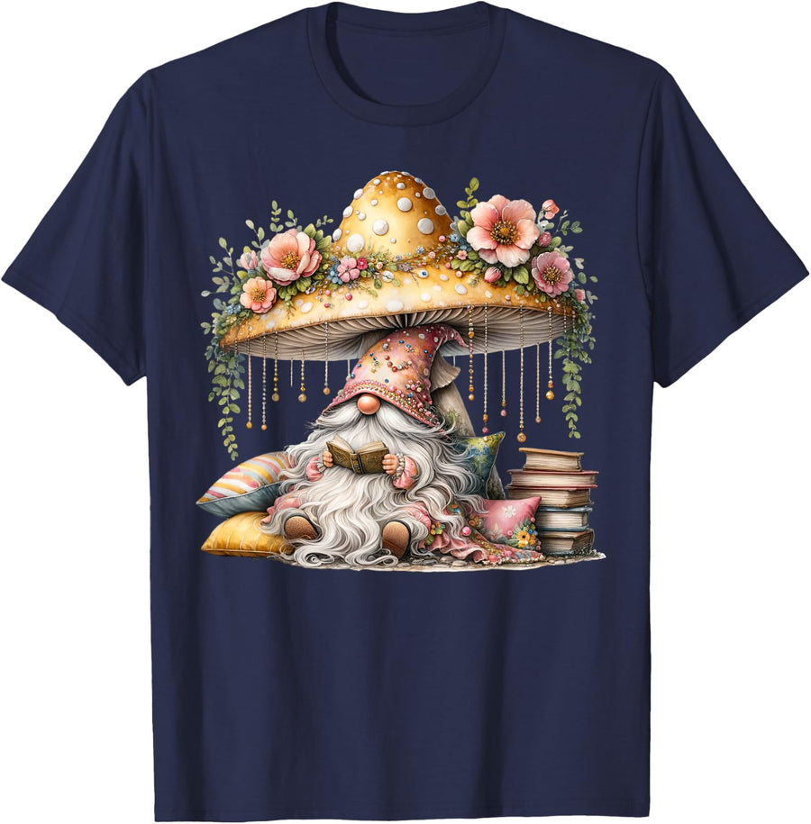 Book Reader Accessories For Women And Girls Spring Gnome T-Shirt - Navy Blue