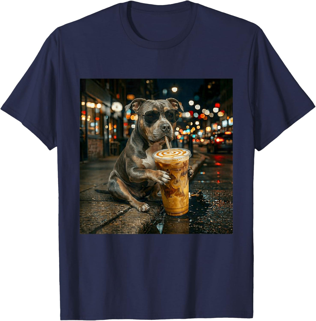 Funny Pitbull Drinking Iced Coffee Dog Art T-Shirt - Navy Blue