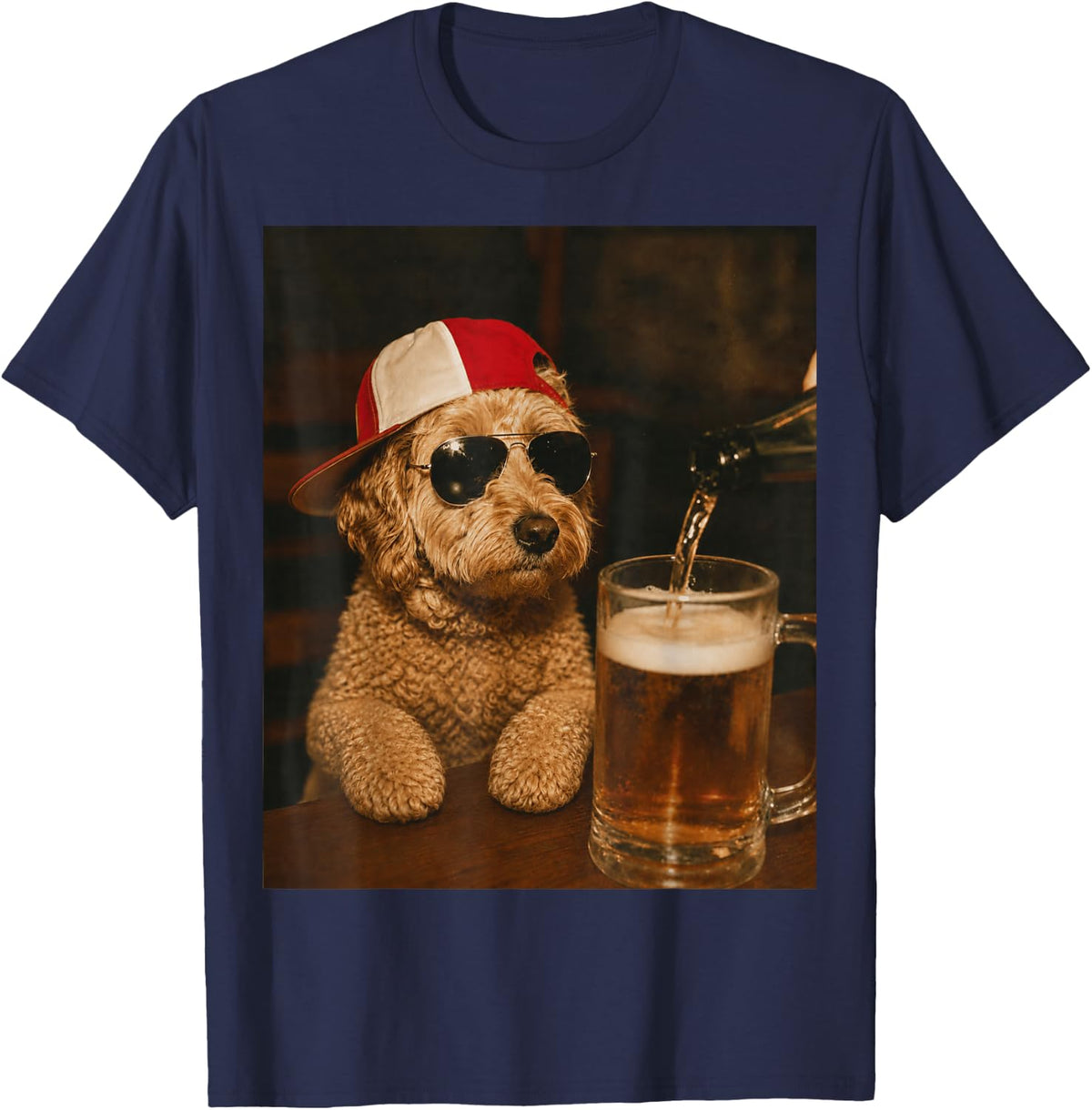 Funny Goldendoodle Drinking Beer Dog with Sunglasses T-Shirt - Navy Blue