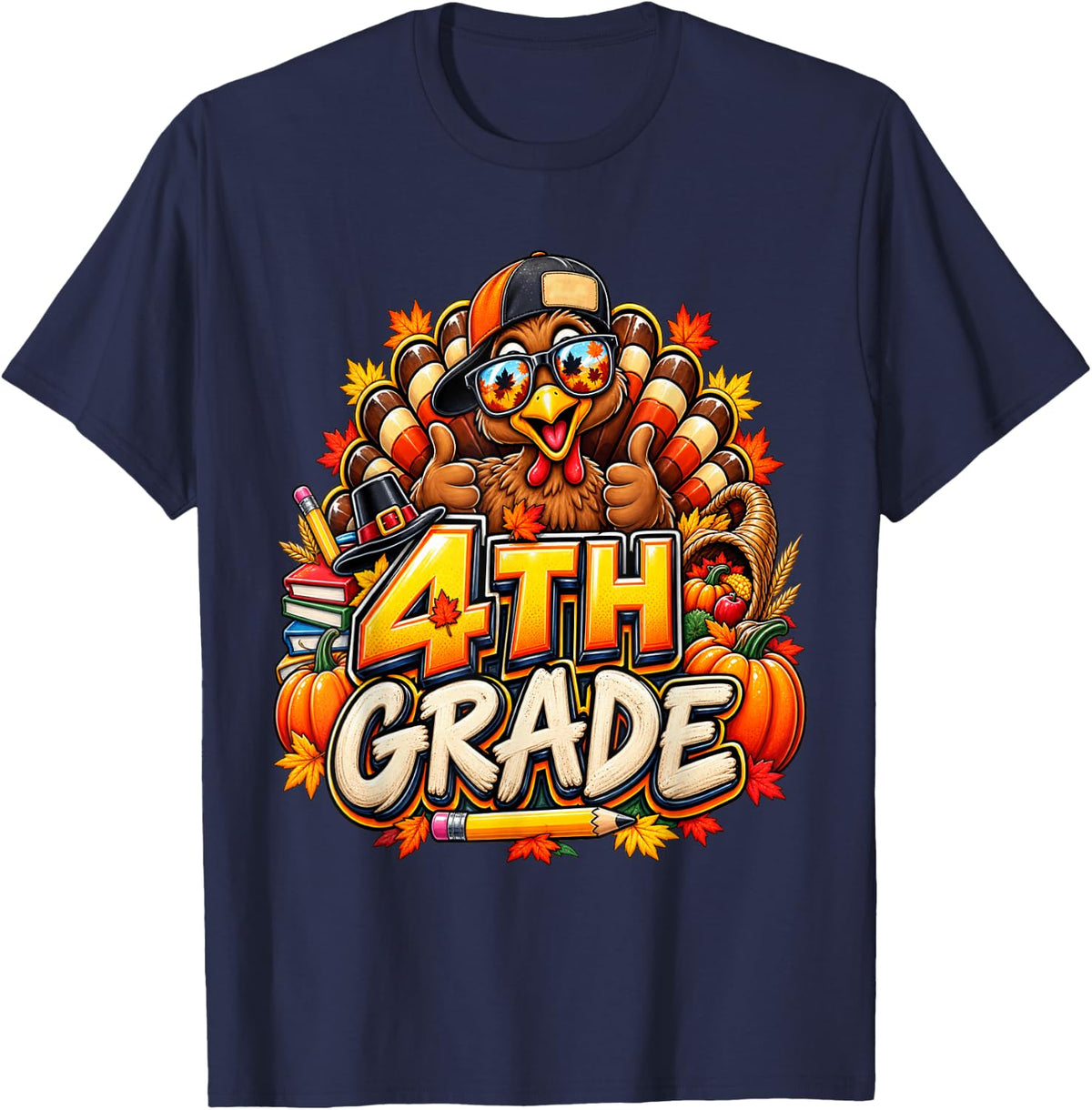 Autumn School Funny Turkey Teacher 4th Grade Thanksgiving T-Shirt - Navy Blue