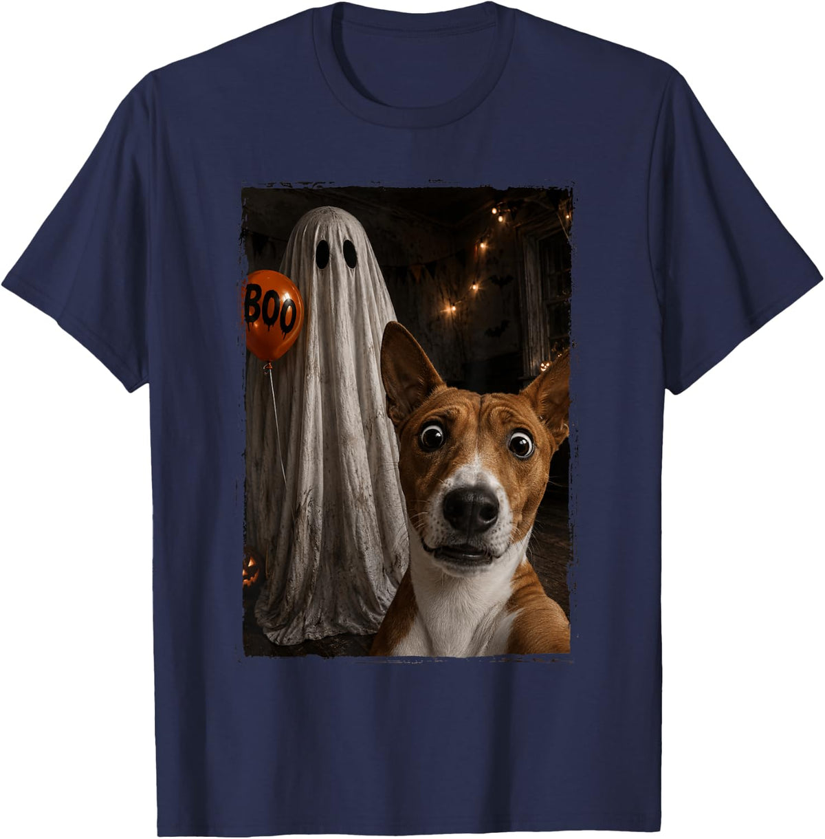 Funny Basenji Halloween Selfie Ghost Boo Balloon Kids T-Shirt - Navy Blue
