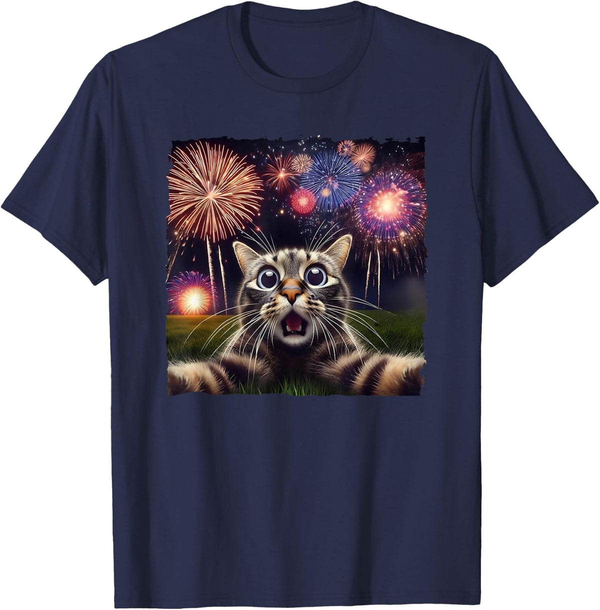 Cat Selfie with Fireworks Fourth of July 4th Fireworks T-Shirt for Men Women Kids - Navy Blue