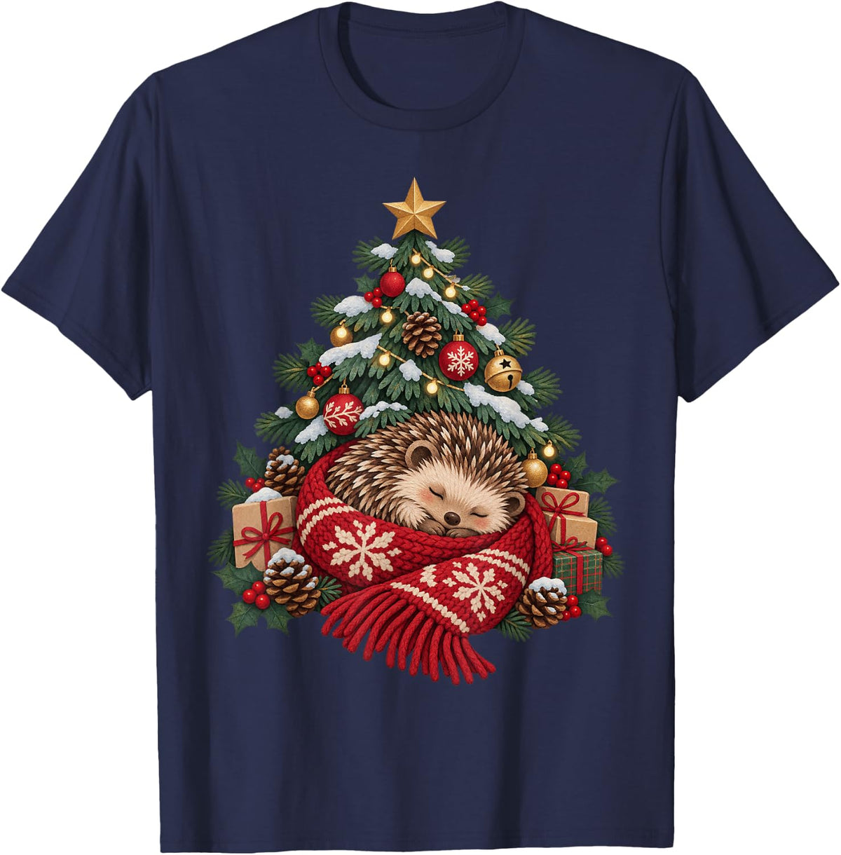 Hedgehog Tree Nap Christmas Animal T-Shirt - Navy Blue