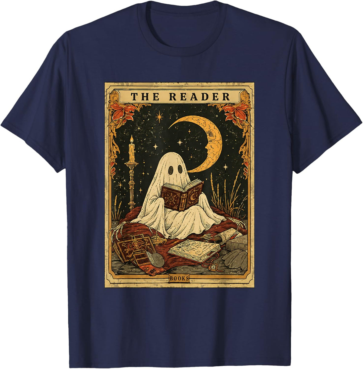 The Reader Ghost Book Lover Gothic Moon Vintage Reading T-Shirt - Navy Blue