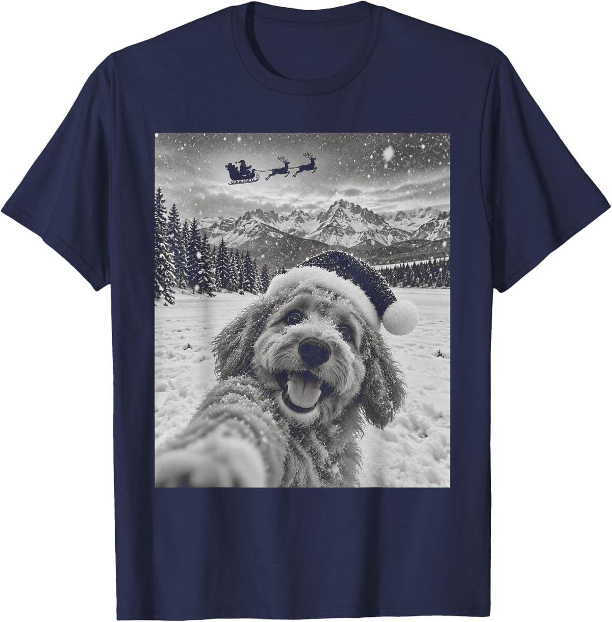 Goldendoodle Santa Selfie Funny Christmas Dog T-Shirt - Navy Blue