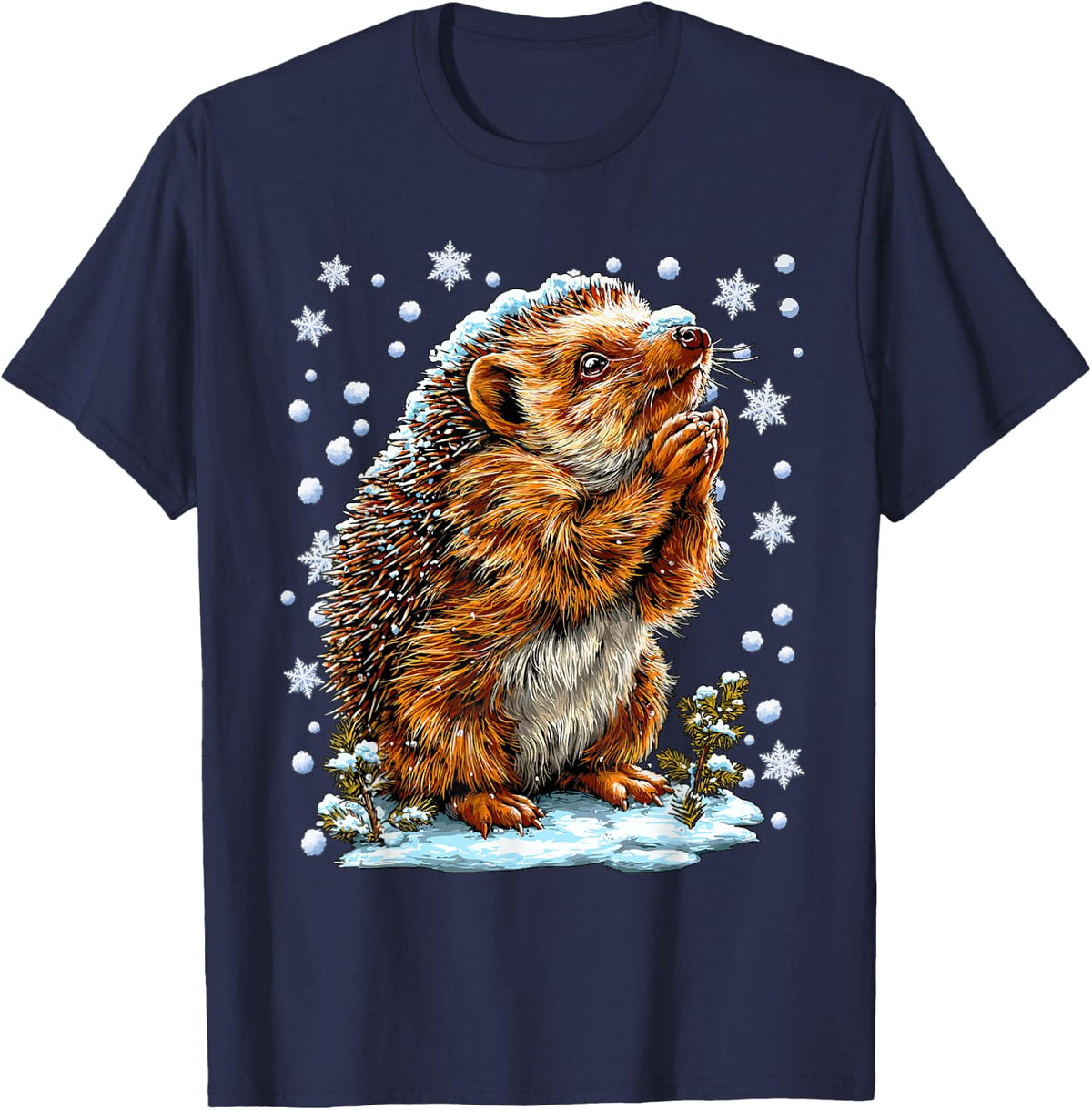 Snowy Hedgehog with Snow and Snowflakes Winter Aesthetic T-Shirt - Navy Blue