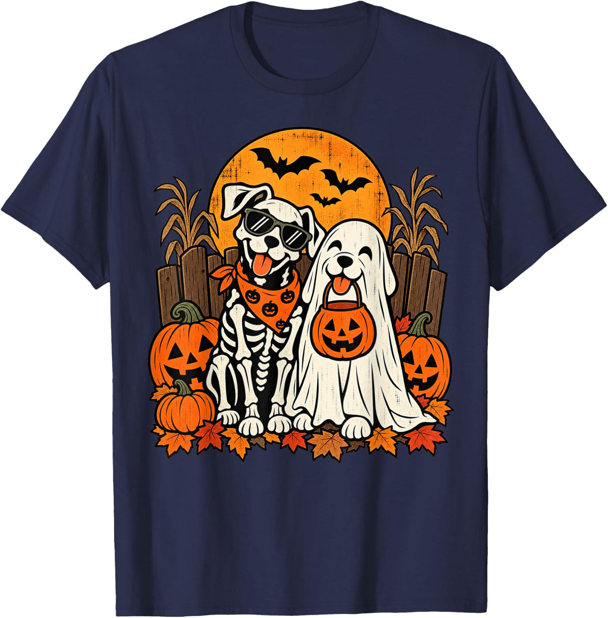 Skeleton and Ghost Dog Halloween Pumpkin Lover Funny Vintage T-Shirt - Navy Blue